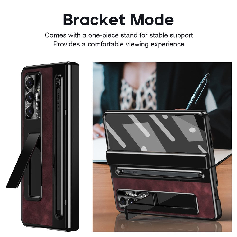 For Samsung Galaxy Z Fold7 5G Case Pen Slot Leather + PC Kickstand Phone Cover with Tempered Glass Film, Stylus - Wine Red