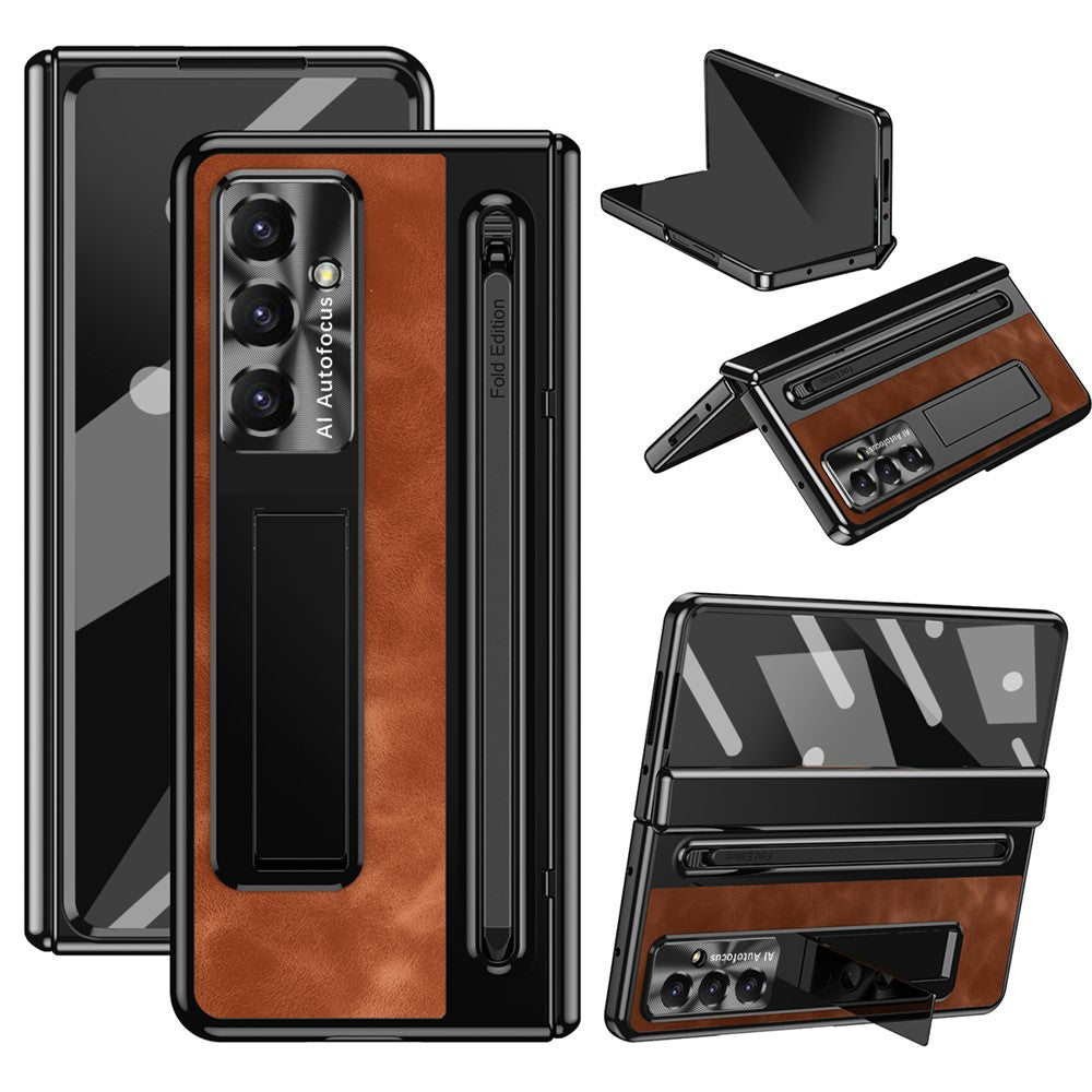 For Samsung Galaxy Z Fold7 5G Case Pen Slot Leather + PC Kickstand Phone Cover with Tempered Glass Film, Stylus - Brown