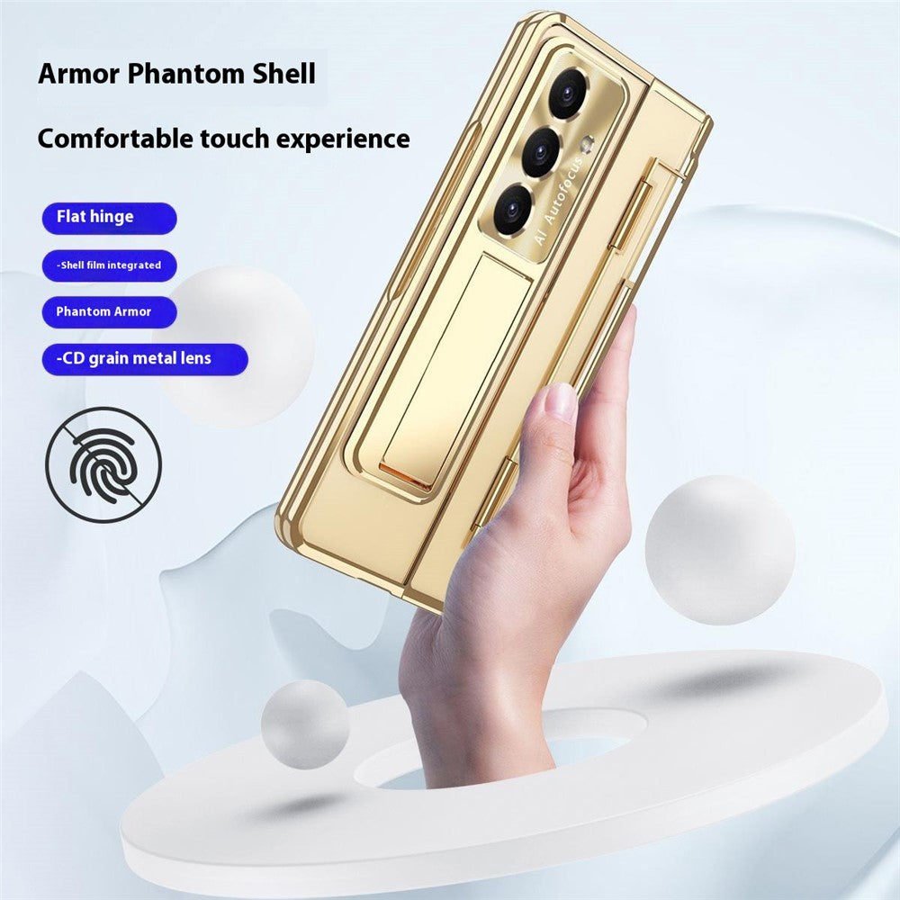 For Samsung Galaxy Z Fold7 5G Case Kickstand Hard PC Phone Cover with Screen Film / Stylus - Champagne Gold