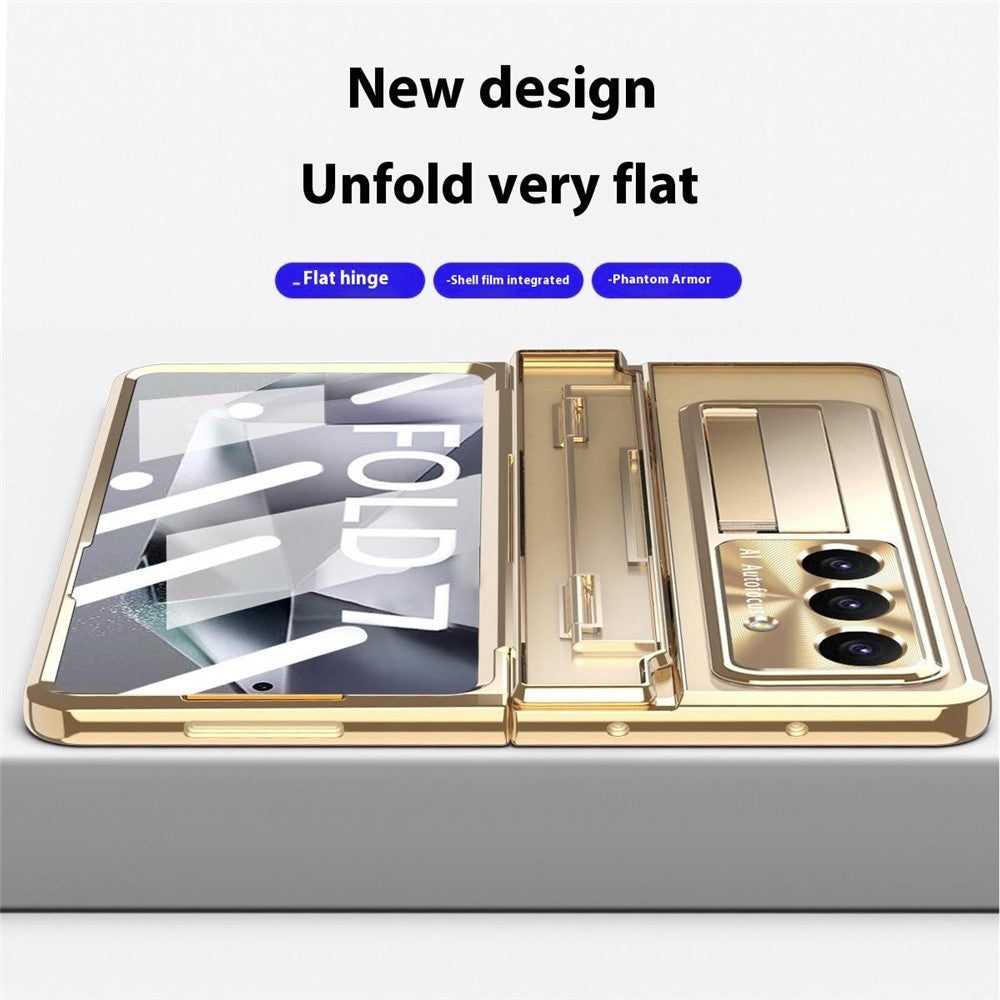 For Samsung Galaxy Z Fold7 5G Case Kickstand Hard PC Phone Cover with Screen Film / Stylus - Champagne Gold