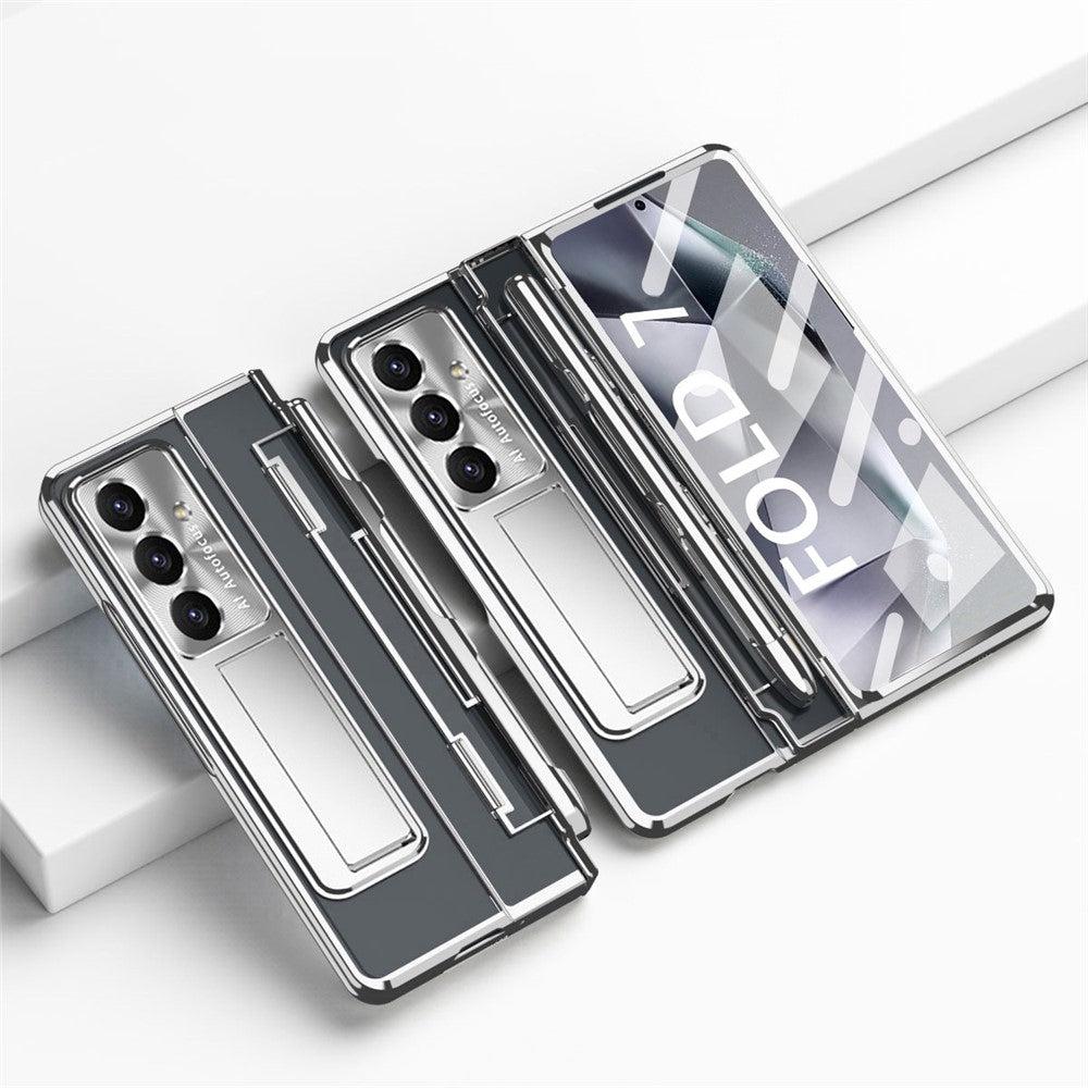 For Samsung Galaxy Z Fold7 5G Case Kickstand Hard PC Phone Cover with Screen Film / Stylus - Silver