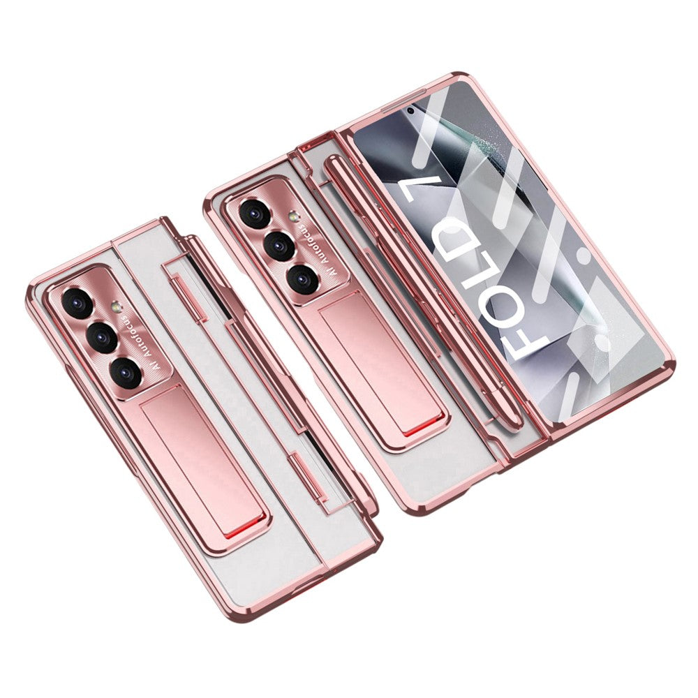 For Samsung Galaxy Z Fold7 5G Case Kickstand Hard PC Phone Cover with Screen Film / Stylus - Rose Gold