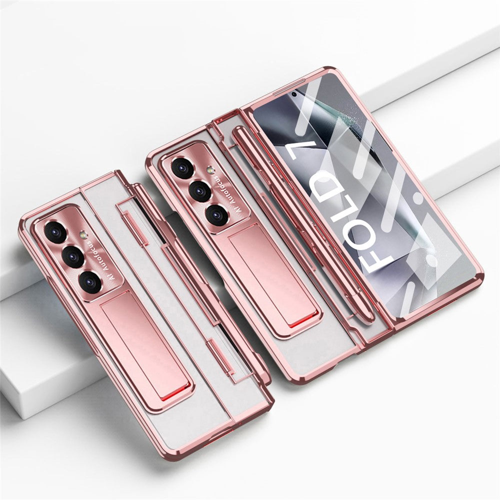 For Samsung Galaxy Z Fold7 5G Case Kickstand Hard PC Phone Cover with Screen Film / Stylus - Rose Gold