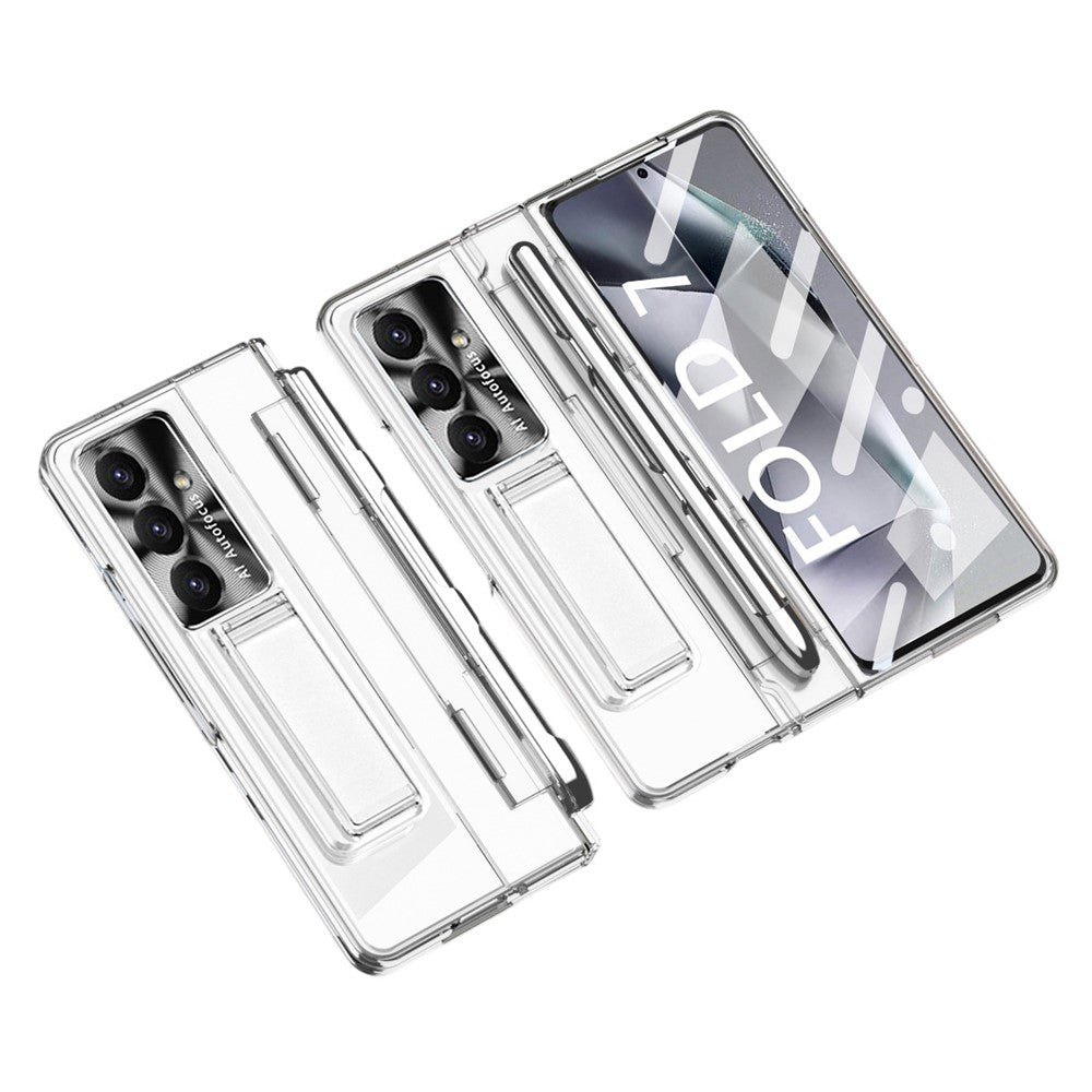 For Samsung Galaxy Z Fold7 5G Case Kickstand Hard PC Phone Cover with Screen Film / Stylus - Transparent