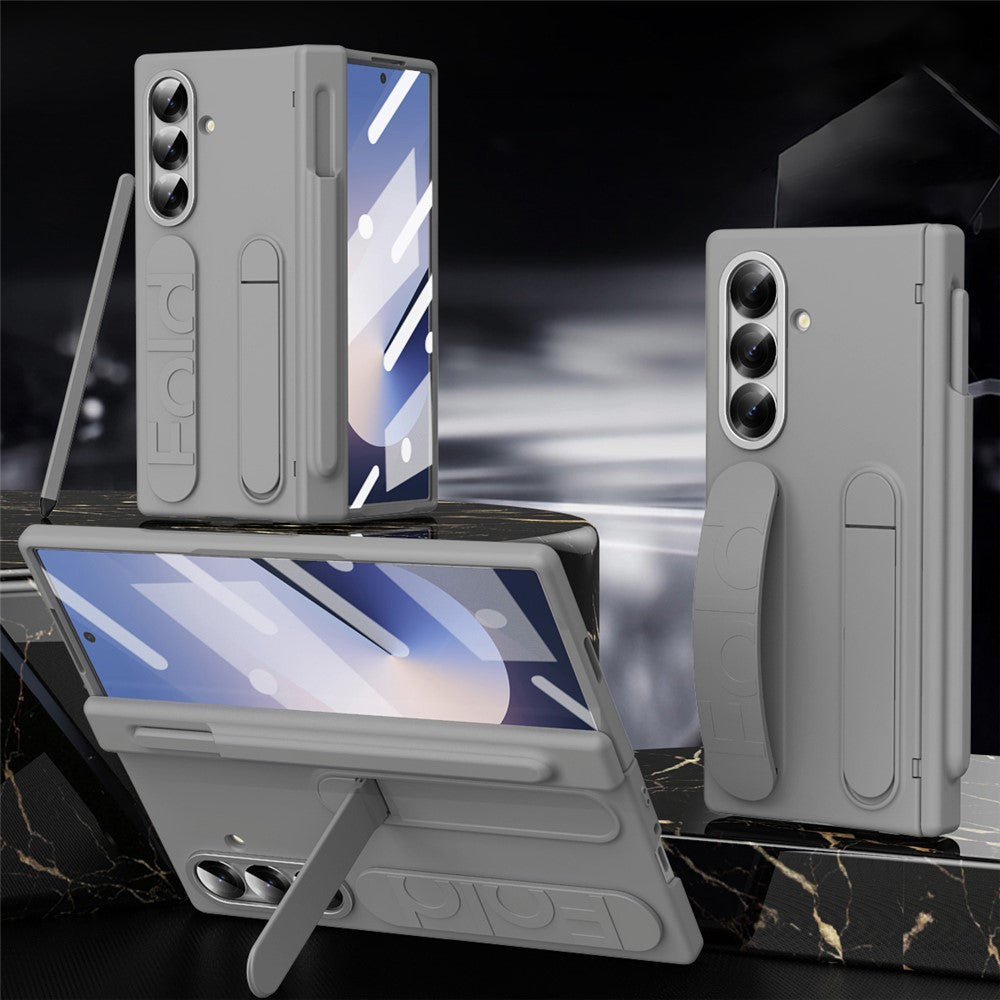 For Samsung Galaxy Z Fold7 5G Case Kickstand Wristband Hard PC Phone Cover with Pen Slot / Stylus - Grey