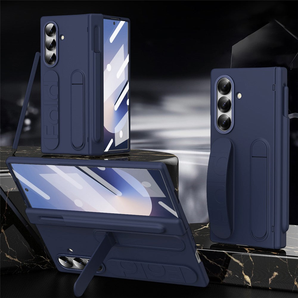 For Samsung Galaxy Z Fold7 5G Case Kickstand Wristband Hard PC Phone Cover with Pen Slot / Stylus - Blue