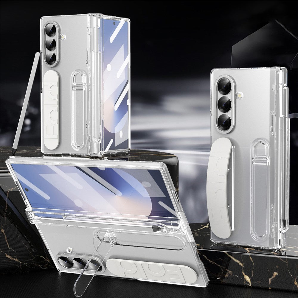 For Samsung Galaxy Z Fold7 5G Case Kickstand Wristband Hard PC Phone Cover with Pen Slot / Stylus - Transparent