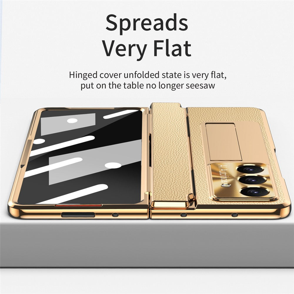 For Samsung Galaxy Z Fold7 5G Case Kickstand Leather + PC Phone Cover with Tempered Glass Film / Stylus - Gold + Black