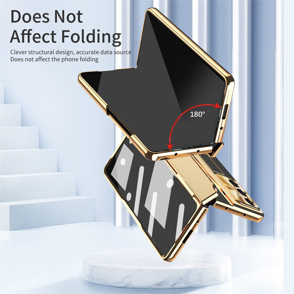 For Samsung Galaxy Z Fold7 5G Case Kickstand Leather + PC Phone Cover with Tempered Glass Film / Stylus - Gold + Gold