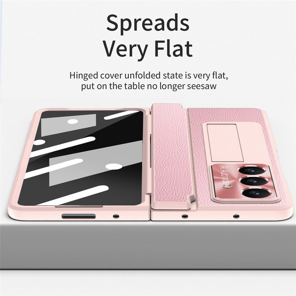 For Samsung Galaxy Z Fold7 5G Case Leather + PC Kickstand Phone Cover with Tempered Glass Film - Pink