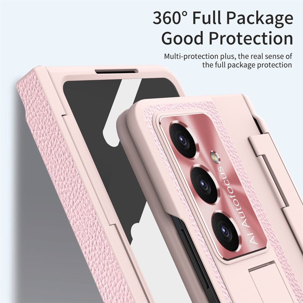 For Samsung Galaxy Z Fold7 5G Case Leather + PC Kickstand Phone Cover with Tempered Glass Film - Pink