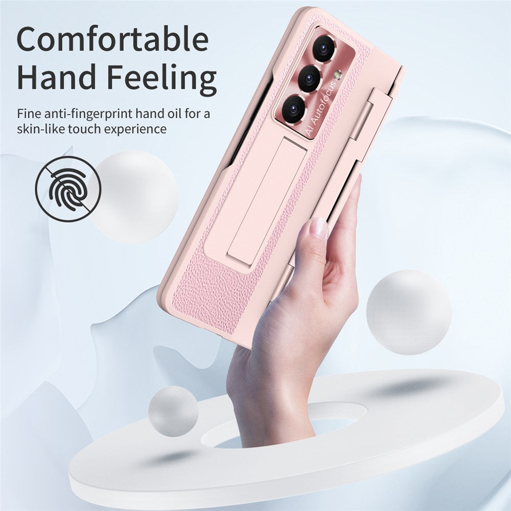 For Samsung Galaxy Z Fold7 5G Case Leather + PC Kickstand Phone Cover with Tempered Glass Film - Pink