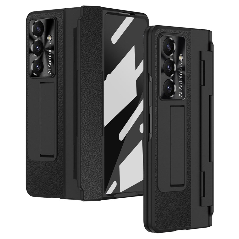 For Samsung Galaxy Z Fold7 5G Case Leather + PC Kickstand Phone Cover with Tempered Glass Film - Black