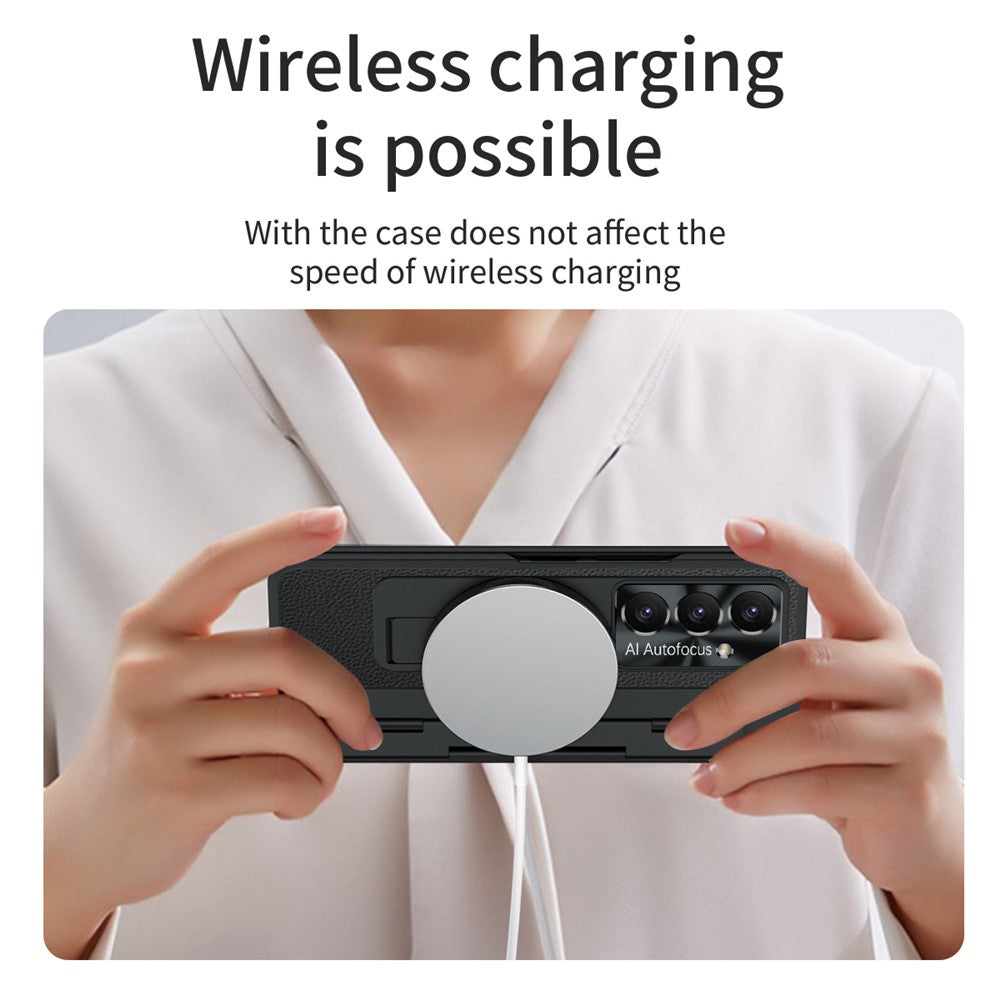 For Samsung Galaxy Z Fold7 5G Case Leather + PC Kickstand Phone Cover with Tempered Glass Film - Black