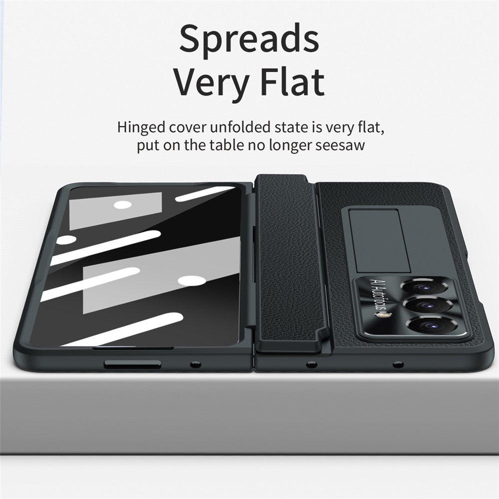 For Samsung Galaxy Z Fold7 5G Case Leather + PC Kickstand Phone Cover with Tempered Glass Film - Black
