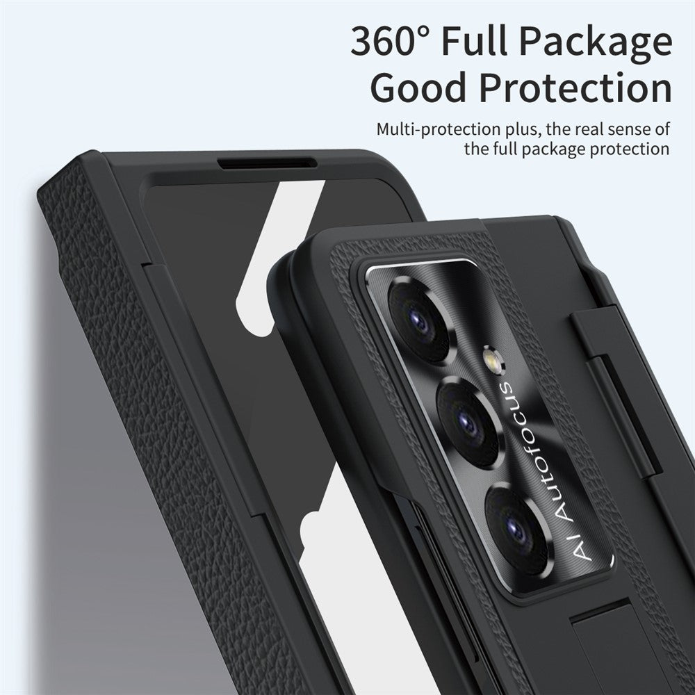 For Samsung Galaxy Z Fold7 5G Case Leather + PC Kickstand Phone Cover with Tempered Glass Film - Black