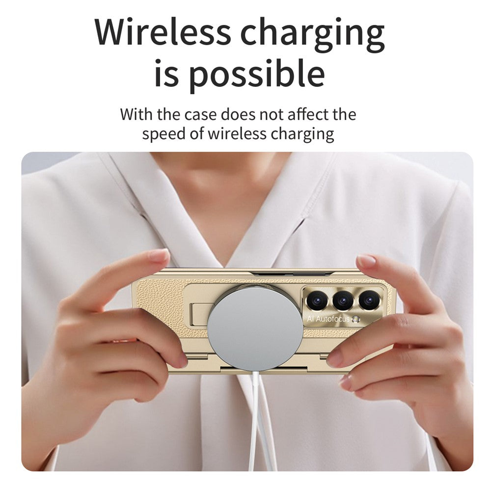 For Samsung Galaxy Z Fold7 5G Case Leather + PC Kickstand Phone Cover with Tempered Glass Film - Gold