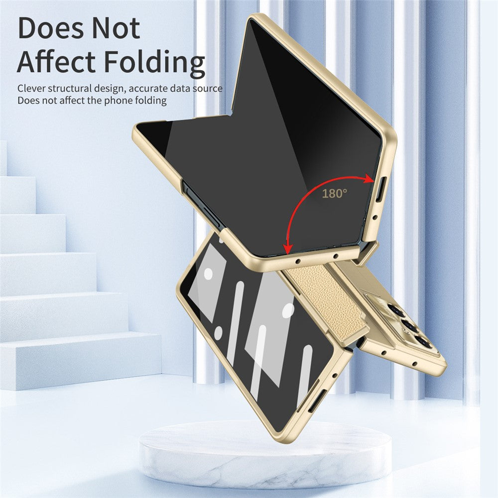 For Samsung Galaxy Z Fold7 5G Case Leather + PC Kickstand Phone Cover with Tempered Glass Film - Gold