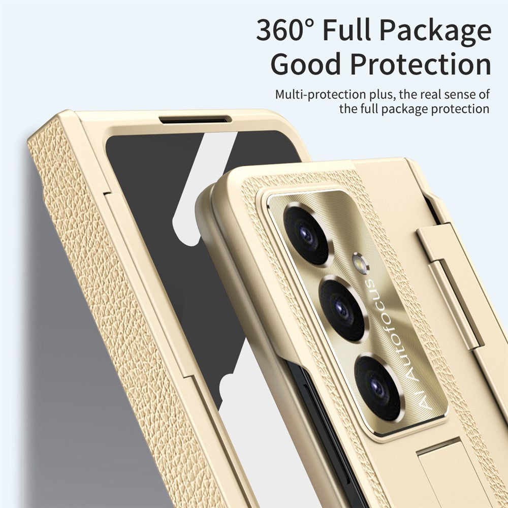 For Samsung Galaxy Z Fold7 5G Case Leather + PC Kickstand Phone Cover with Tempered Glass Film - Gold