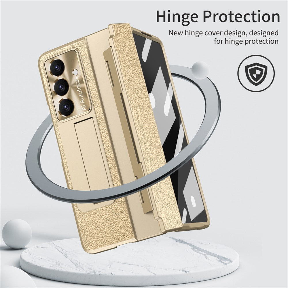 For Samsung Galaxy Z Fold7 5G Case Leather + PC Kickstand Phone Cover with Tempered Glass Film - Gold