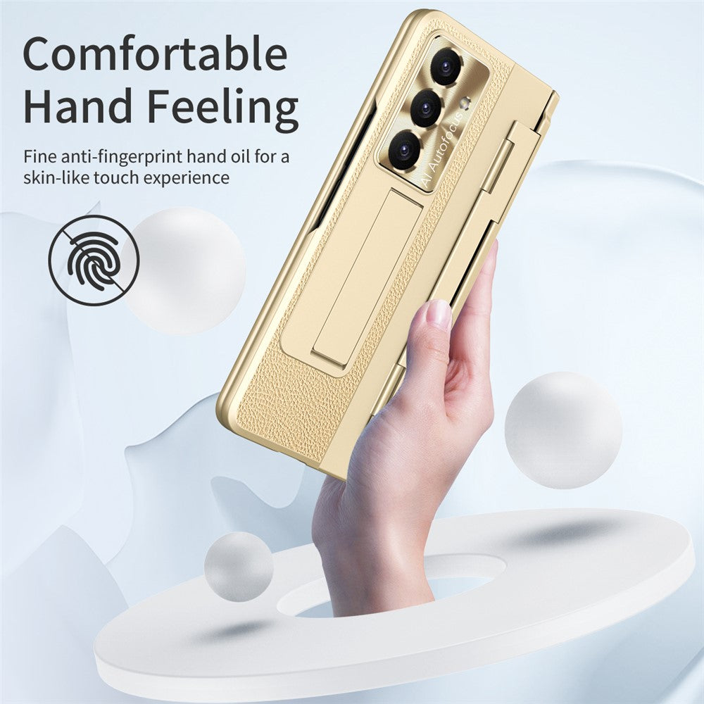 For Samsung Galaxy Z Fold7 5G Case Leather + PC Kickstand Phone Cover with Tempered Glass Film - Gold