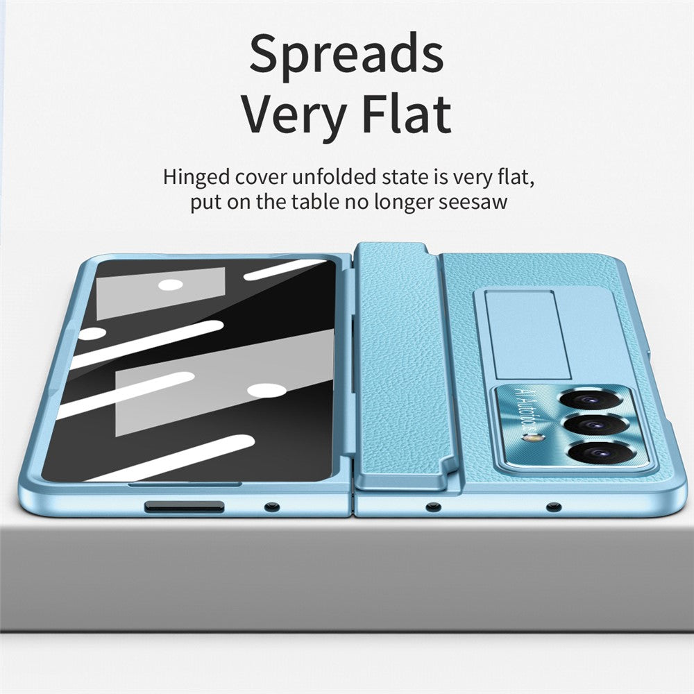 For Samsung Galaxy Z Fold7 5G Case Leather + PC Kickstand Phone Cover with Tempered Glass Film - Blue