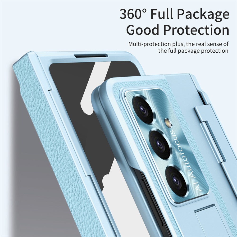 For Samsung Galaxy Z Fold7 5G Case Leather + PC Kickstand Phone Cover with Tempered Glass Film - Blue