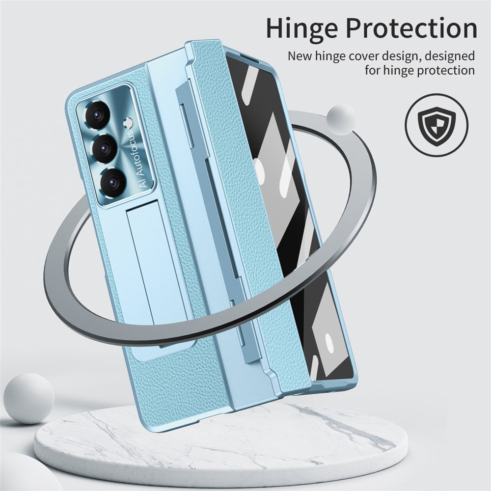 For Samsung Galaxy Z Fold7 5G Case Leather + PC Kickstand Phone Cover with Tempered Glass Film - Blue