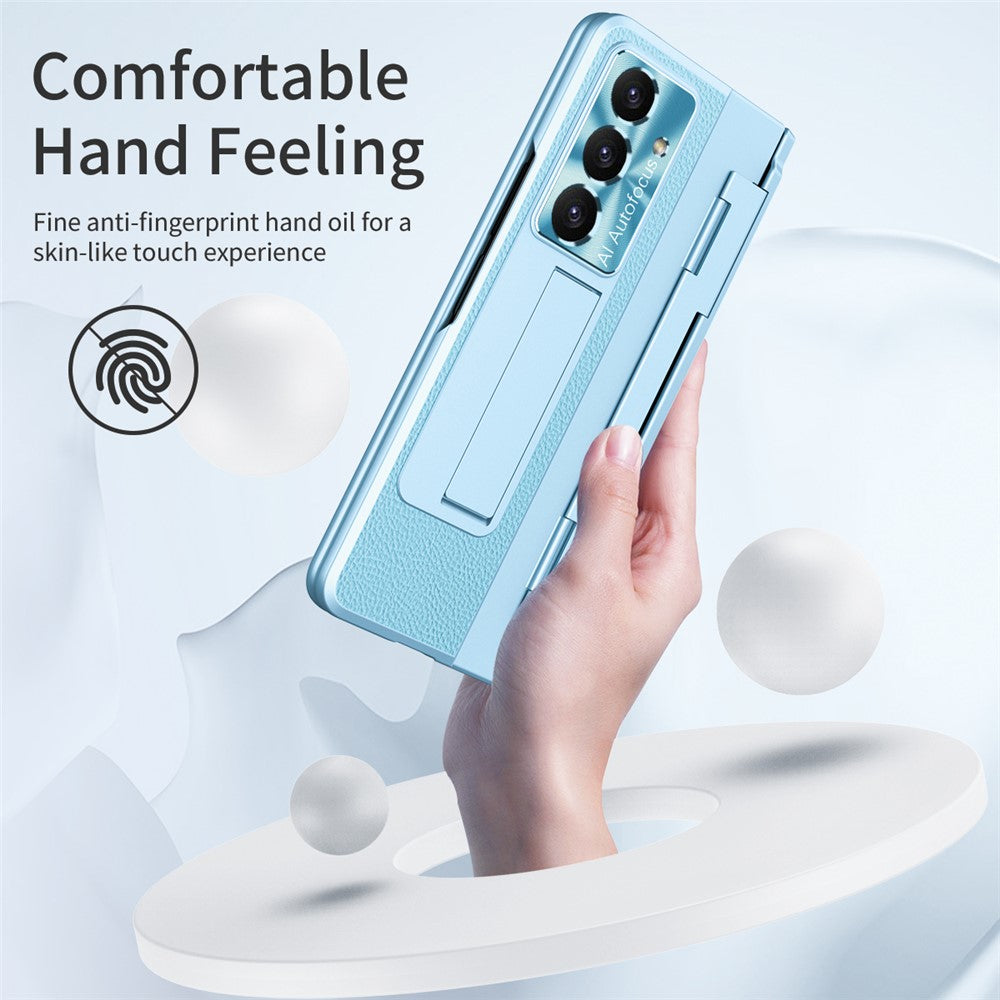 For Samsung Galaxy Z Fold7 5G Case Leather + PC Kickstand Phone Cover with Tempered Glass Film - Blue