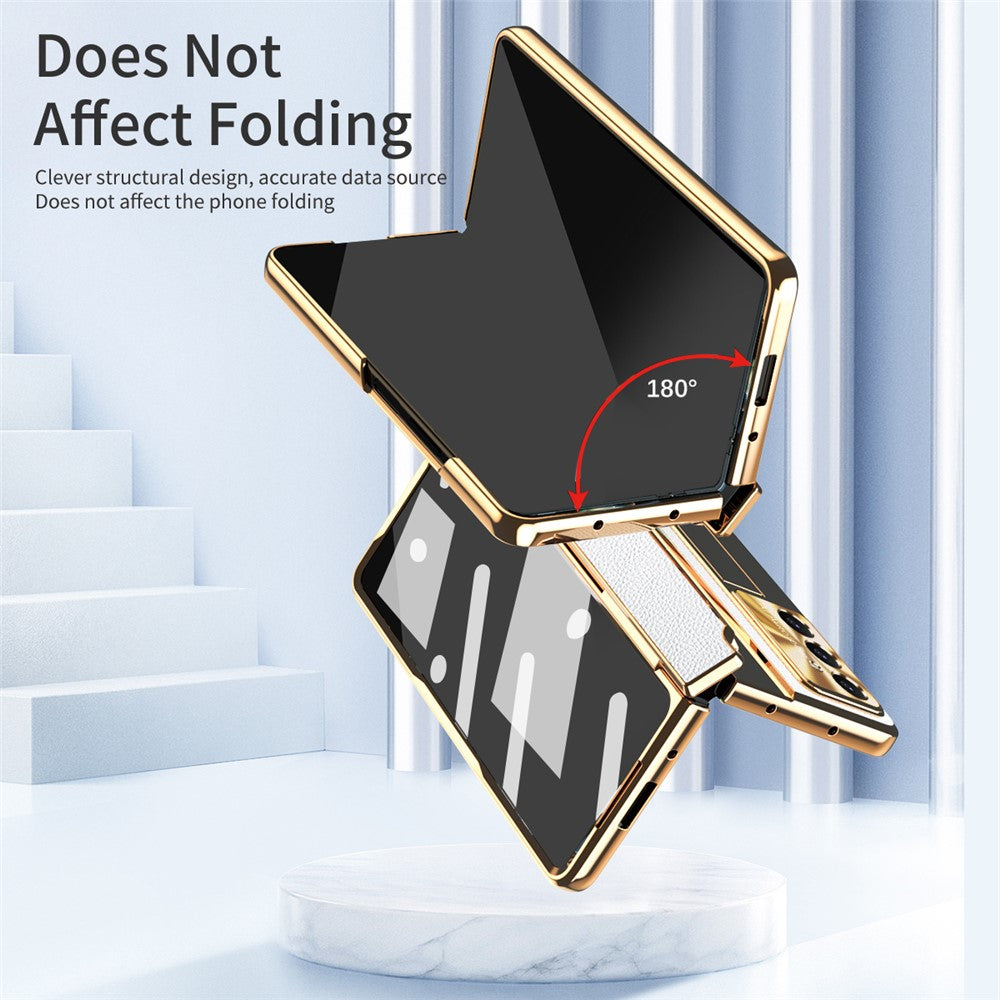 For Samsung Galaxy Z Fold7 5G Case Leather + PC Kickstand Phone Cover with Tempered Glass Film - Gold + White
