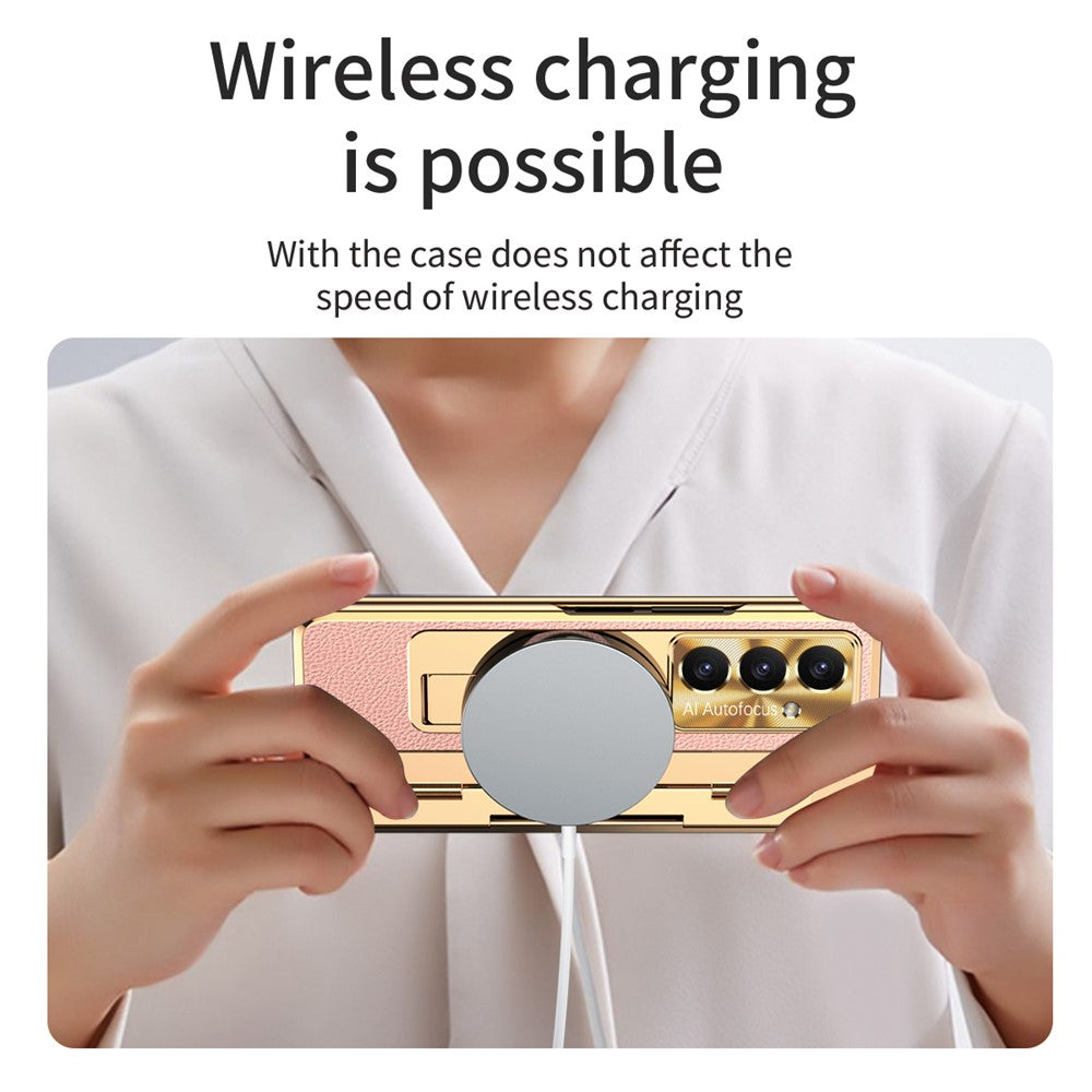 For Samsung Galaxy Z Fold7 5G Case Leather + PC Kickstand Phone Cover with Tempered Glass Film - Gold + Pink