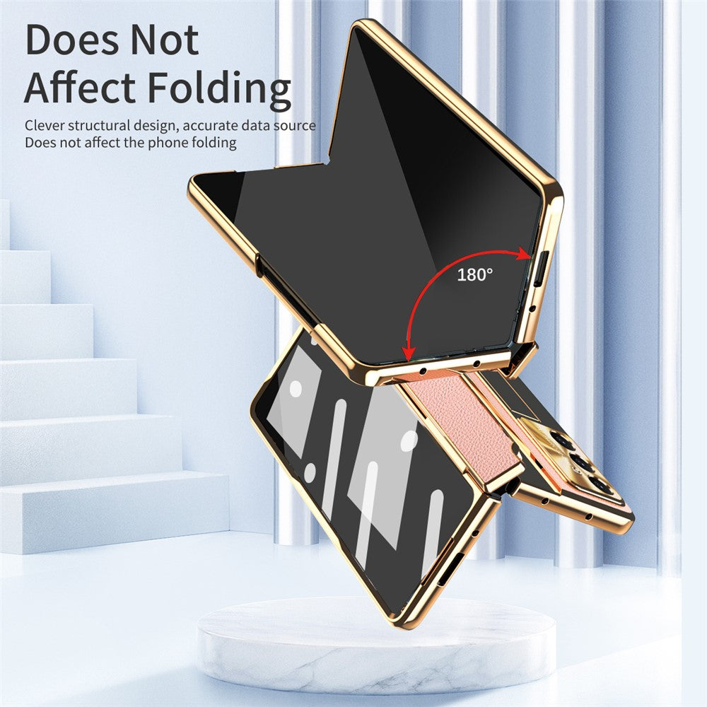 For Samsung Galaxy Z Fold7 5G Case Leather + PC Kickstand Phone Cover with Tempered Glass Film - Gold + Pink