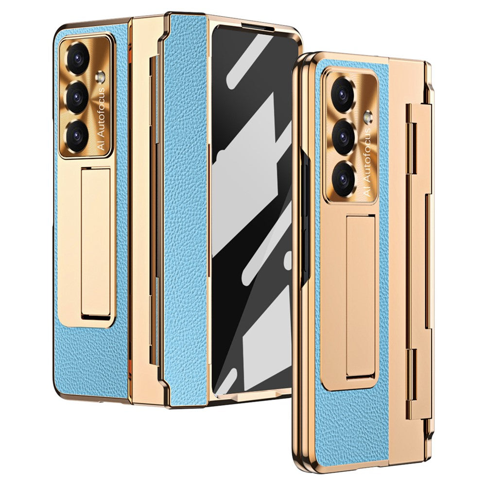 For Samsung Galaxy Z Fold7 5G Case Leather + PC Kickstand Phone Cover with Tempered Glass Film - Gold + Blue