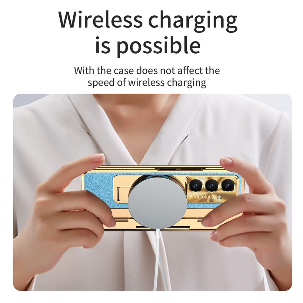 For Samsung Galaxy Z Fold7 5G Case Leather + PC Kickstand Phone Cover with Tempered Glass Film - Gold + Blue