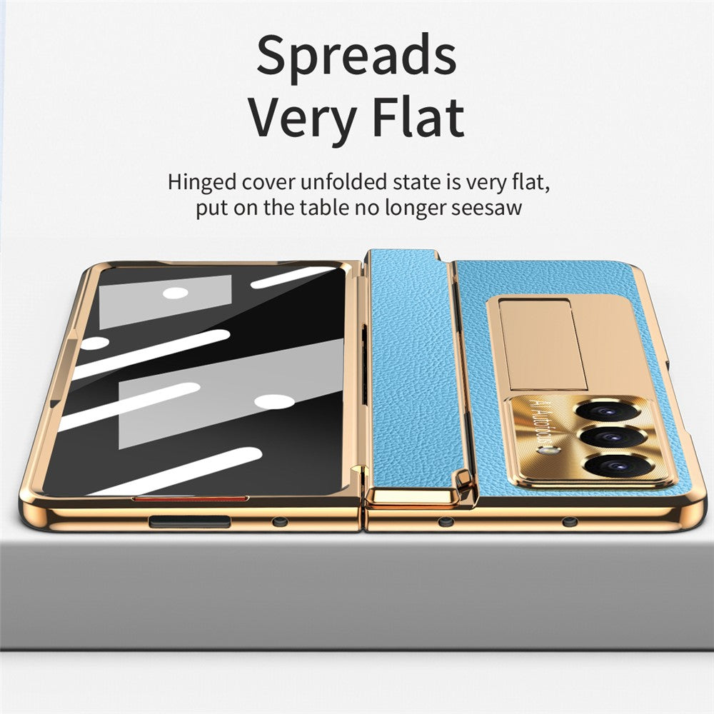 For Samsung Galaxy Z Fold7 5G Case Leather + PC Kickstand Phone Cover with Tempered Glass Film - Gold + Blue