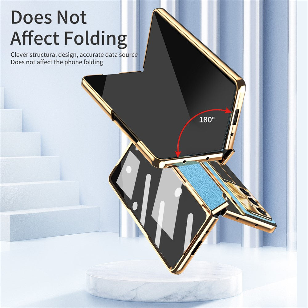 For Samsung Galaxy Z Fold7 5G Case Leather + PC Kickstand Phone Cover with Tempered Glass Film - Gold + Blue