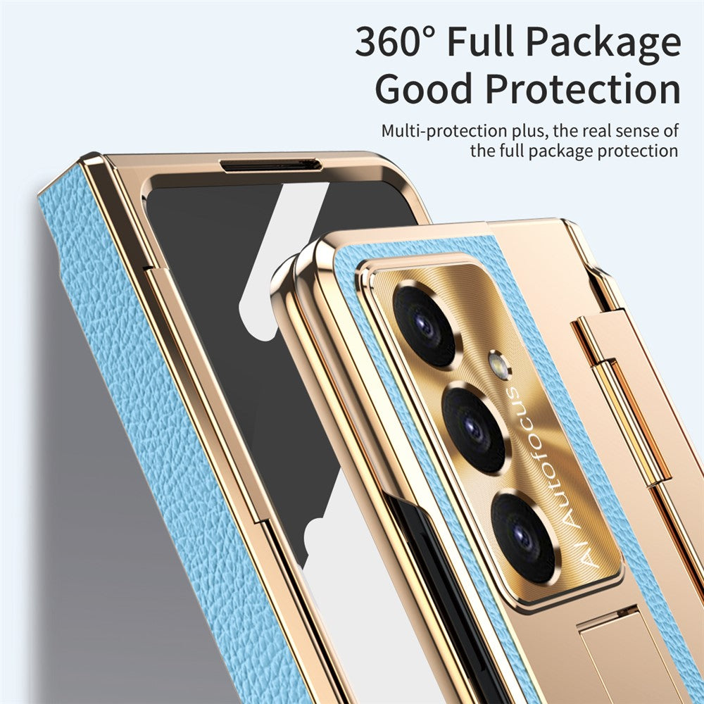 For Samsung Galaxy Z Fold7 5G Case Leather + PC Kickstand Phone Cover with Tempered Glass Film - Gold + Blue
