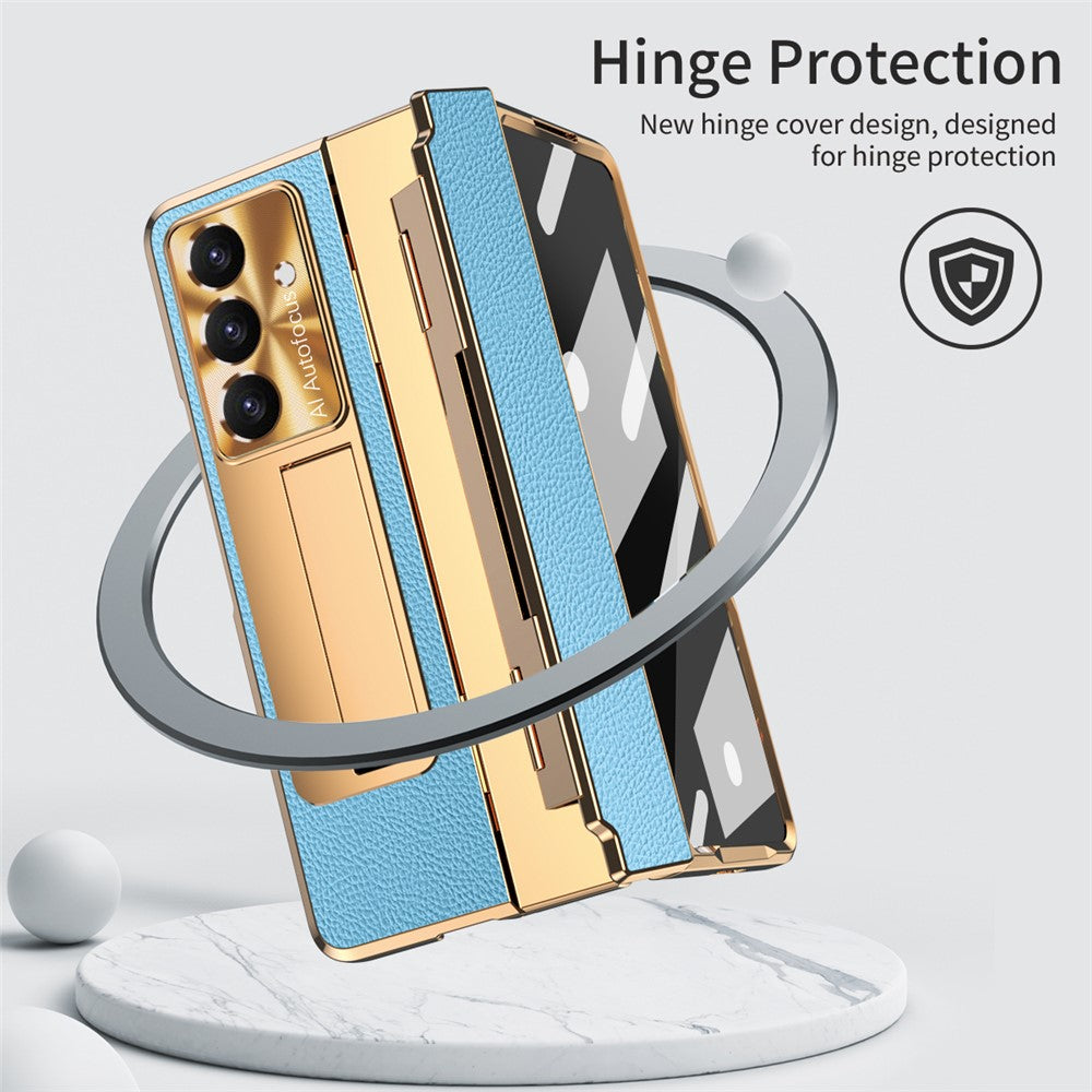 For Samsung Galaxy Z Fold7 5G Case Leather + PC Kickstand Phone Cover with Tempered Glass Film - Gold + Blue