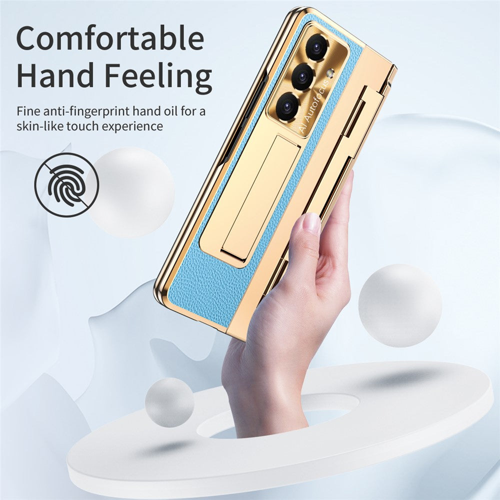 For Samsung Galaxy Z Fold7 5G Case Leather + PC Kickstand Phone Cover with Tempered Glass Film - Gold + Blue