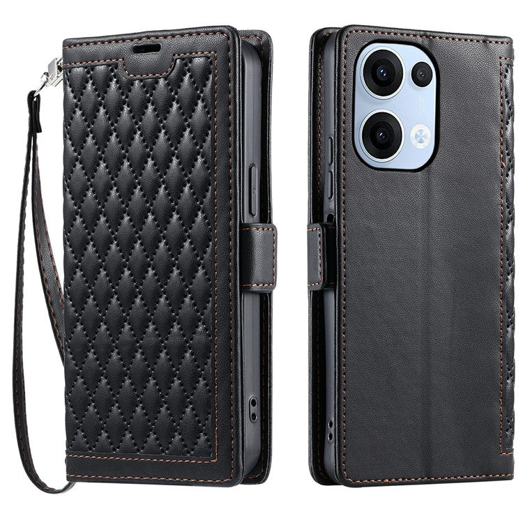 For Oppo Reno13 5G (Global) Leather Case Rhombus Texture Wallet Stand Phone Cover with Wrist Strap - Black