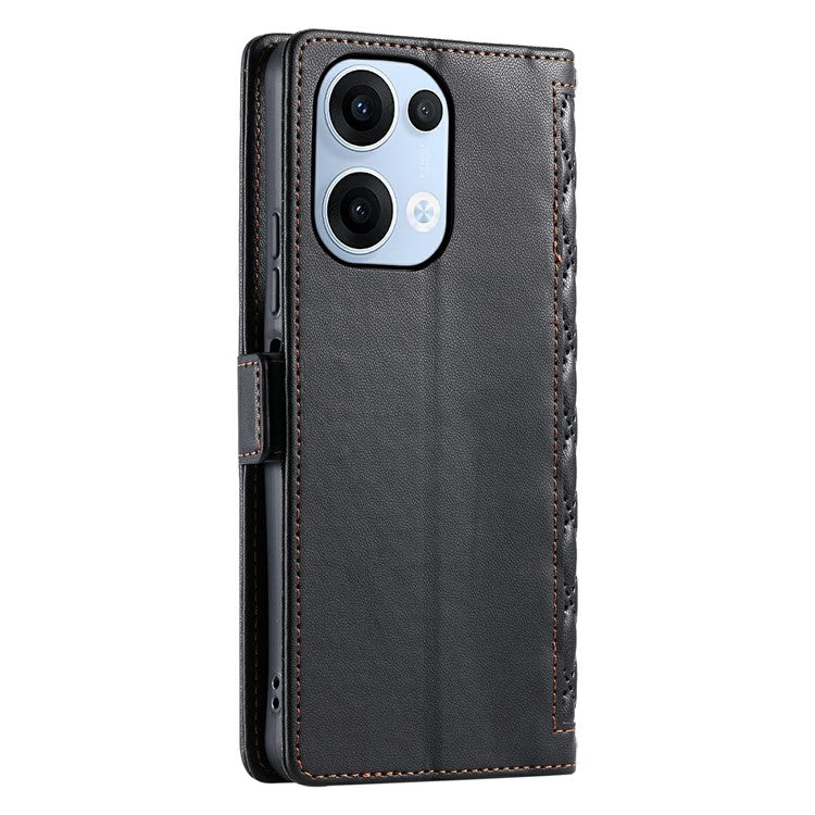 For Oppo Reno13 5G (Global) Leather Case Rhombus Texture Wallet Stand Phone Cover with Wrist Strap - Black