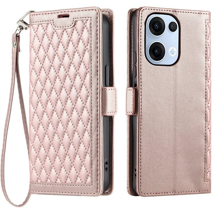 For Oppo Reno13 5G (Global) Leather Case Rhombus Texture Wallet Stand Phone Cover with Wrist Strap - Rose Gold