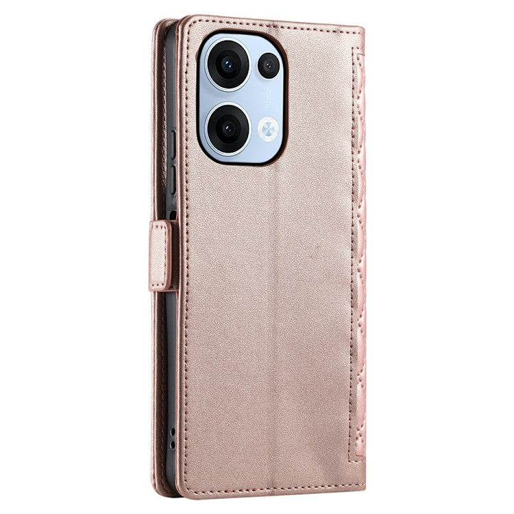 For Oppo Reno13 5G (Global) Leather Case Rhombus Texture Wallet Stand Phone Cover with Wrist Strap - Rose Gold