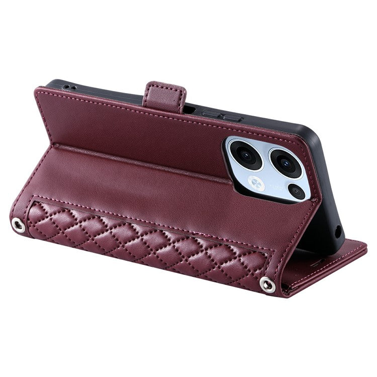 For Oppo Reno13 5G (Global) Leather Case Rhombus Texture Wallet Stand Phone Cover with Wrist Strap - Wine Red