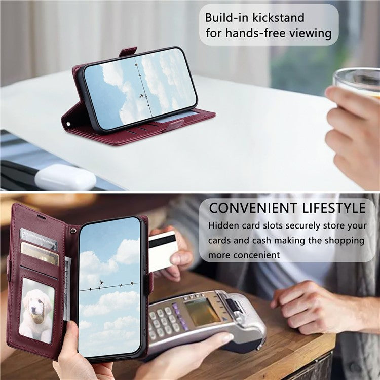 For Oppo Reno13 5G (Global) Leather Case Rhombus Texture Wallet Stand Phone Cover with Wrist Strap - Wine Red