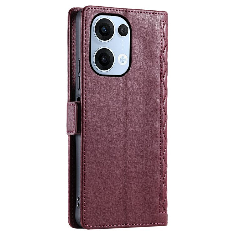 For Oppo Reno13 5G (Global) Leather Case Rhombus Texture Wallet Stand Phone Cover with Wrist Strap - Wine Red