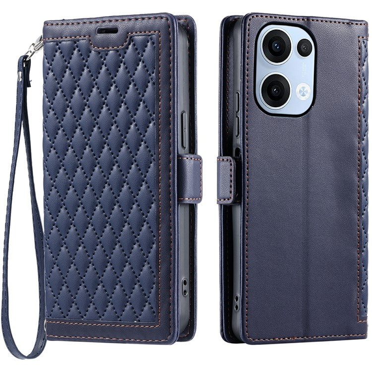 For Oppo Reno13 5G (Global) Leather Case Rhombus Texture Wallet Stand Phone Cover with Wrist Strap - Blue