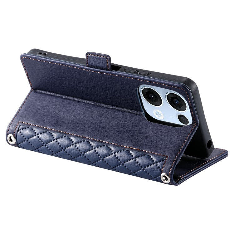 For Oppo Reno13 5G (Global) Leather Case Rhombus Texture Wallet Stand Phone Cover with Wrist Strap - Blue