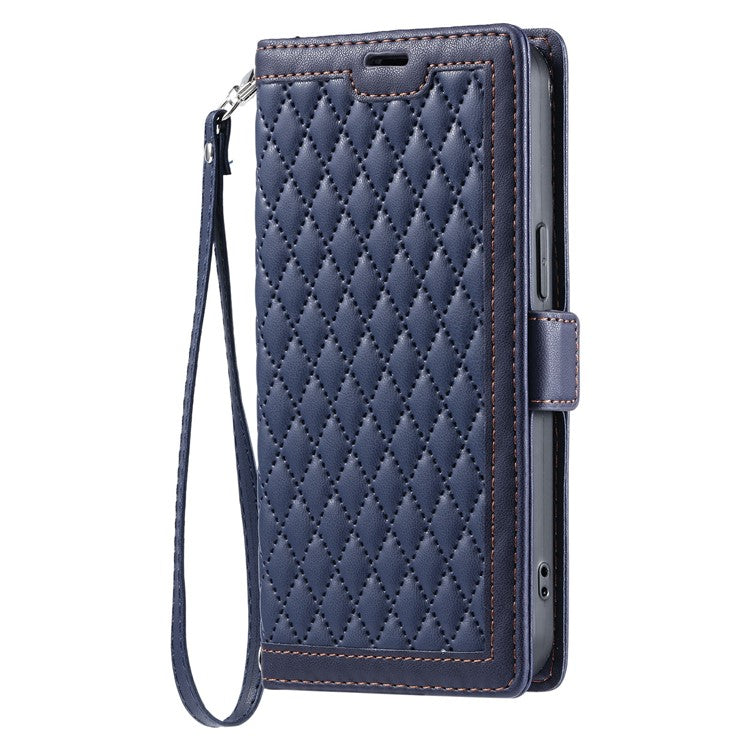 For Oppo Reno13 5G (Global) Leather Case Rhombus Texture Wallet Stand Phone Cover with Wrist Strap - Blue