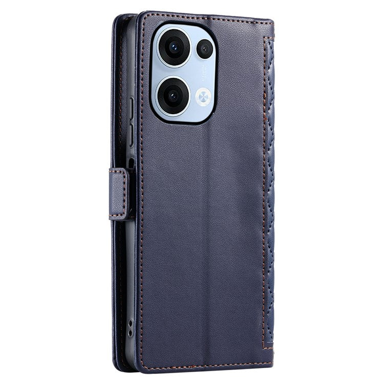 For Oppo Reno13 5G (Global) Leather Case Rhombus Texture Wallet Stand Phone Cover with Wrist Strap - Blue